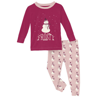 KicKee Pants Girl's Print Bamboo Long Sleeve Graphic Tee Pajama Set - Baby Rose Tiny Snowman