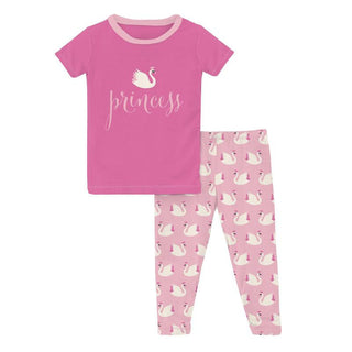 KicKee Pants Girl's Print Bamboo Short Sleeve Graphic Tee Pajama Set - Cake Pop Swan Princess 