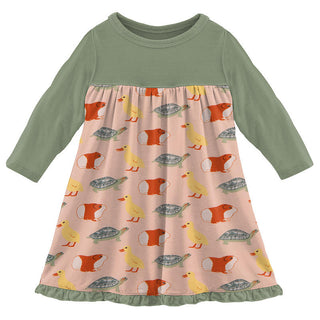 KicKee Pants Girls Print Classic Long Sleeve Swing Dress - Peach Blossom Class Pets