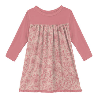 KicKee Pants Girls Print Classic Long Sleeve Swing Dress - Peach Blossom Lace
