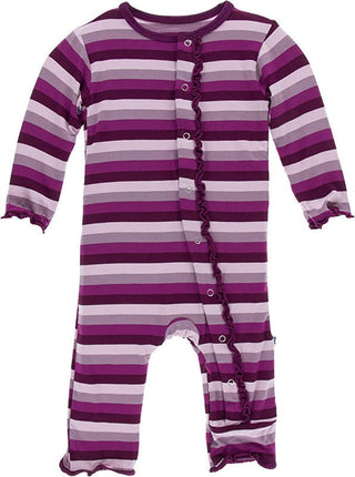 KicKee Pants Girl's Print Classic Ruffle Coverall with Snaps - Coral Stripe