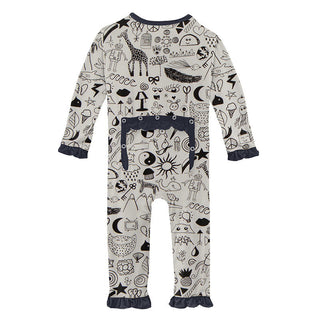 KicKee Pants Girls Print Classic Ruffle Coverall with Snaps - Doodles