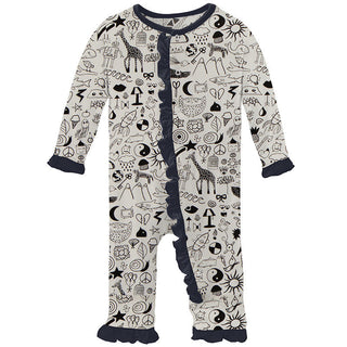 KicKee Pants Girls Print Classic Ruffle Coverall with Snaps - Doodles