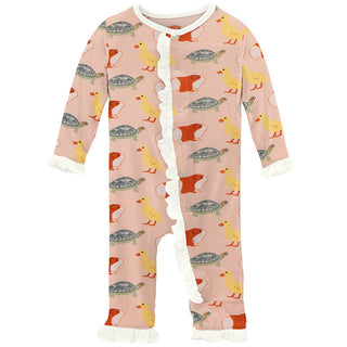 KicKee Pants Girls Print Classic Ruffle Coverall with Snaps - Peach Blossom Class Pets