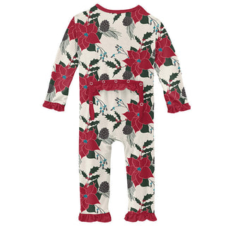 KicKee Pants Girls Print Classic Ruffle Coverall with Zipper - Christmas Floral