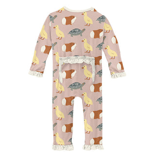 KicKee Pants Girls Print Classic Ruffle Coverall with Zipper - Peach Blossom Class Pets