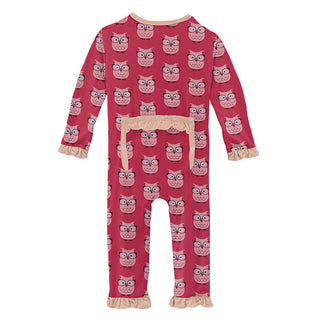 KicKee Pants Girls Print Classic Ruffle Coverall with Zipper - Taffy Wise Owls
