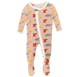 KicKee Pants Girls Print Classic Ruffle Footie with Snaps - Peach Blossom Class Pets