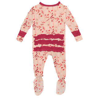 KicKee Pants Girls Print Classic Ruffle Footie with Snaps - Peach Blossom Music Class