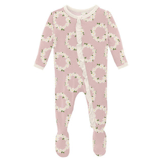 KicKee Pants Girl's Print Classic Ruffle Footie with Zipper - Baby Rose Daisy Crowns