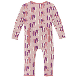 KicKee Pants Girl's Print Coverall with Zipper - Baby Rose Elephant Stripe