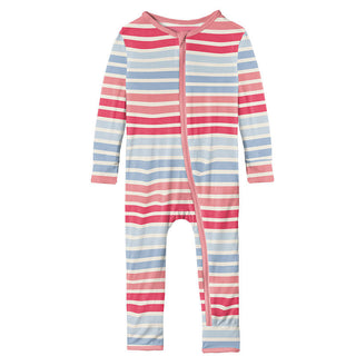 KicKee Pants Girls Print Coverall with Zipper - Cotton Candy Stripe