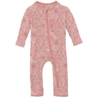 KicKee Pants Girls Print Coverall with Zipper - Peach Blossom Lace