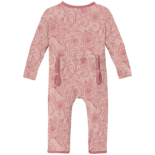 KicKee Pants Girls Print Coverall with Zipper - Peach Blossom Lace
