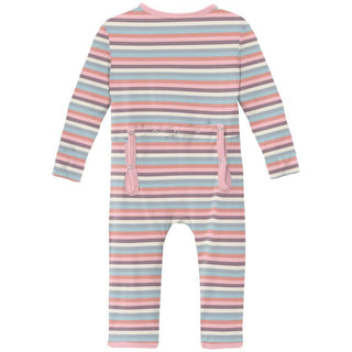 KicKee Pants Girls Print Coverall with Zipper - Spring Bloom Stripe
