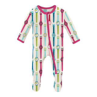 KicKee Pants Girl's Print Footie with 2-Way Zipper - Natural Watches
