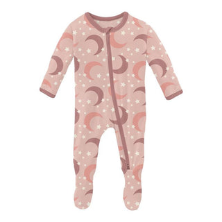 KicKee Pants Girl's Print Footie with 2-Way Zipper - Peach Blossom Moon and Stars