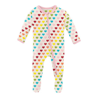 KicKee Pants Girl's Print Footie with 2-Way Zipper - Rainbow Hearts