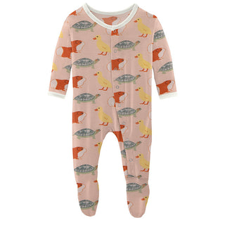 KicKee Pants Girls Print Footie with Snaps - Peach Blossom Class Pets