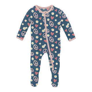 KicKee Pants Girl's Print Footie with Zipper - Peace, Love and Happiness
