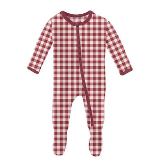 Girl's Print Footie with Zipper - Wild Strawberry Gingham KicKee Pants Size: Newborn
