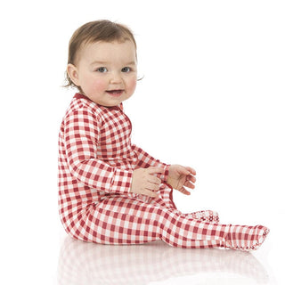 Girl's Print Footie with Zipper - Wild Strawberry Gingham KicKee Pants Size: Newborn