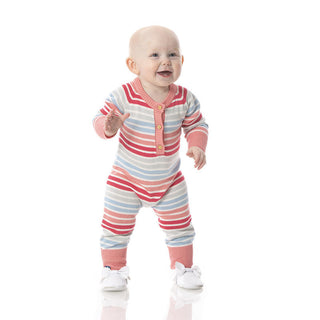 KicKee Pants Girls Print Knitted Henley Romper - Cotton Candy Stripe