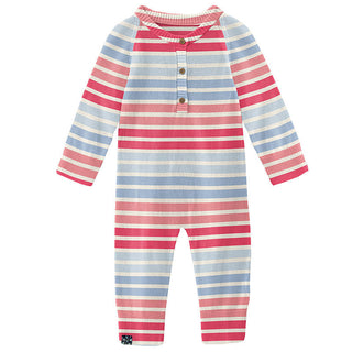 KicKee Pants Girls Print Knitted Henley Romper - Cotton Candy Stripe