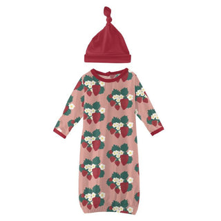 KicKee Pants Girls Print Layette Gown and Single Knot Hat Set - Blush Strawberry Farm