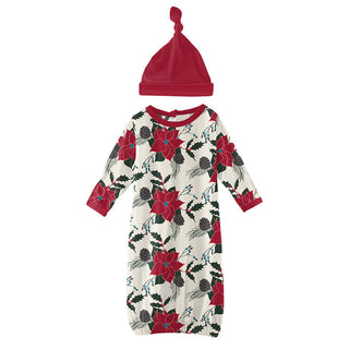 KicKee Pants Girls Print Layette Gown and Single Knot Hat Set - Christmas Floral