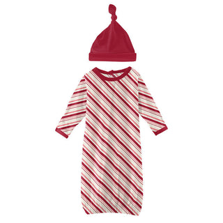 KicKee Pants Girls Print Layette Gown and Single Knot Hat Set - Strawberry Candy Cane Stripe