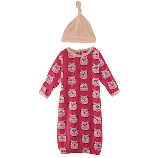KicKee Pants Girls Print Layette Gown and Single Knot Hat Set - Taffy Wise Owls