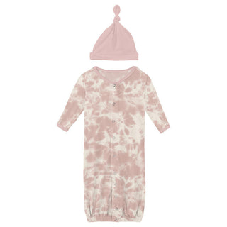 KicKee Pants Girl's Print Layette Gown Converter & Single Knot Hat Set - Baby Rose Tie Dye