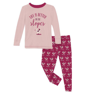KicKee Pants Girl's Print Long Sleeve Graphic Tee Pajama Set - Berry Ski Birds
