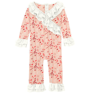 KicKee Pants Girls Print Long Sleeve Kimono Double Ruffle Romper - Peach Blossom Music Class