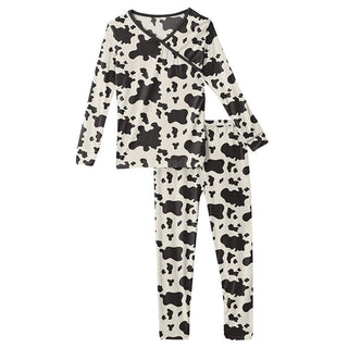 Girl's Print Bamboo Long Sleeve Kimono Pajama Set - Cow Print KicKee Pants Size: 2T