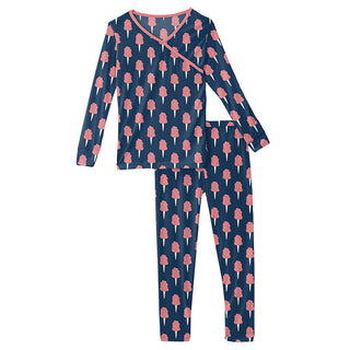 KicKee Pants Girls Print Long Sleeve Kimono Pajama Set - Navy Cotton Candy