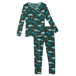 KicKee Pants Girls Print Long Sleeve Kimono Pajama Set - Santa Dinos