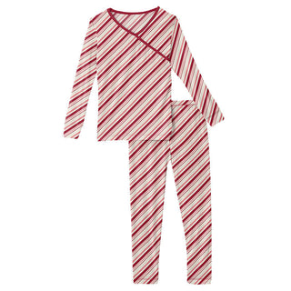 KicKee Pants Girls Print Long Sleeve Kimono Pajama Set - Strawberry Candy Cane Stripe
