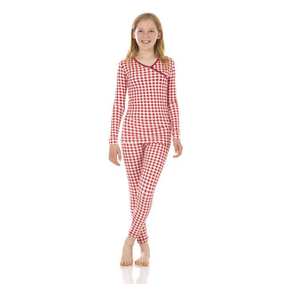KicKee Pants Girls Print Long Sleeve Kimono Pajama Set - Wild Strawberry Gingham