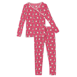 KicKee Pants Girls Print Long Sleeve Kimono Pajama Set - Winter Rose Penguins WCA22