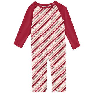 KicKee Pants Girls Print Long Sleeve Raglan Romper - Strawberry Candy Cane Stripe