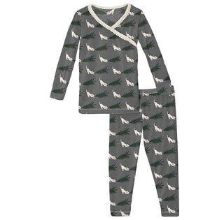 KicKee Pants Girls Print Long Sleeve Scallop Kimono Pajama Set - Pewter Christmas Tree Drag