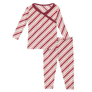 KicKee Pants Girls Print Long Sleeve Scallop Kimono Pajama Set - Strawberry Candy Cane Stripe