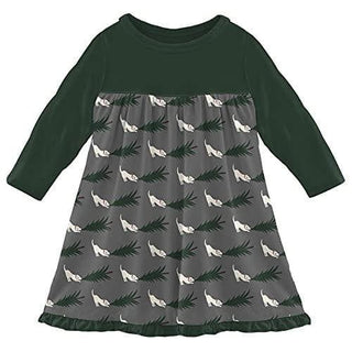 Girl's Print Bamboo Long Sleeve Swing Dress - Pewter Christmas Tree Drag Baby & Toddler Dresses