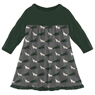 KicKee Pants Girl's Print Long Sleeve Swing Dress - Pewter Christmas Tree Drag