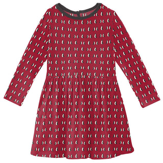 KicKee Pants Girls Print Long Sleeve Twirl Dress - Crimson Penguins