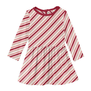 KicKee Pants Girls Print Long Sleeve Twirl Dress - Strawberry Candy Cane Stripe