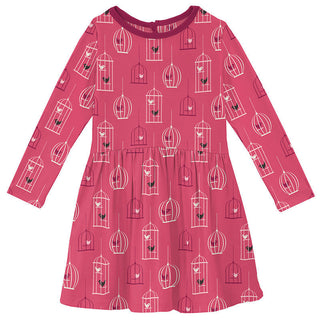KicKee Pants Girls Print Long Sleeve Twirl Dress - Winter Rose Birdcage 15ANV