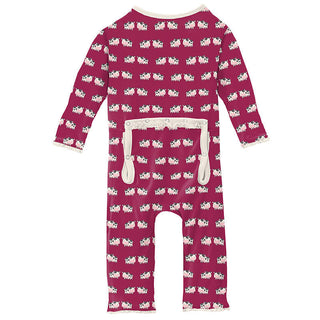 KicKee Pants Girls Print Muffin Ruffle Coverall with Zipper - Berry Cow 15ANV